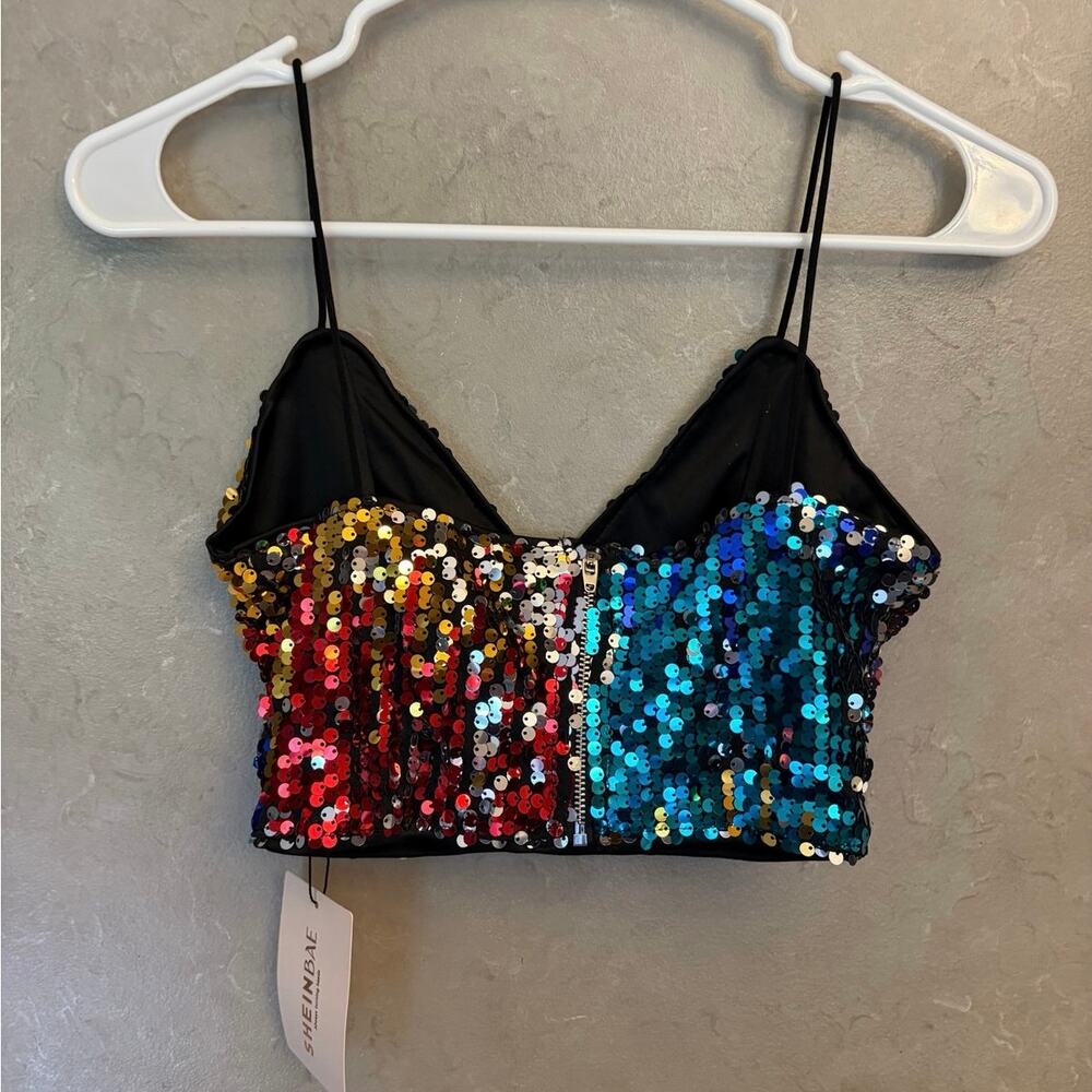NWT SHEIN Colorblock Sequin V-Neck Cami Crop Top XS Party Festival Club - Picture 10 of 10